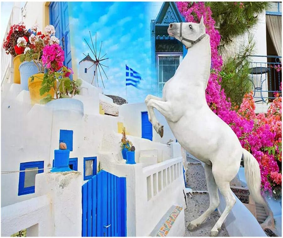 Qqasd Custom Wallpaper murals Greek Mediterranean White Horse Romantic European TV Background Home Decor Mural 3D wallpaper-110X90CM