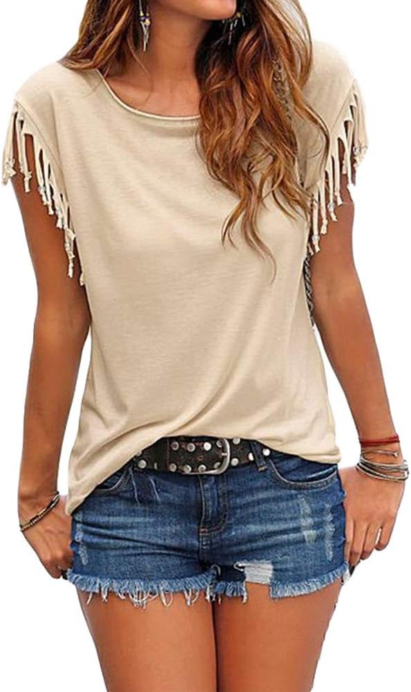 Women's Tassel Short Sleeve Round Neck T-Shirt Top Summer Casual Tee Loose Tunic Blouse