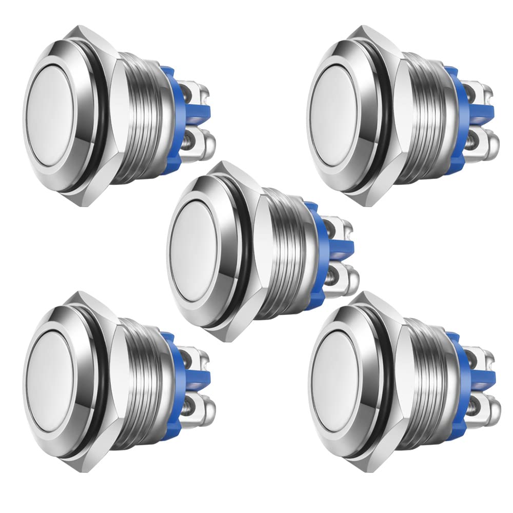 Gebildet 5pcs 16mm Momentary Push Button Screw Type Terminals Stainless Steel Metal Waterproof Button 5A 12V/24V/125V/250VAC with 2 Screw Terminals Stainless Steel(High Head)