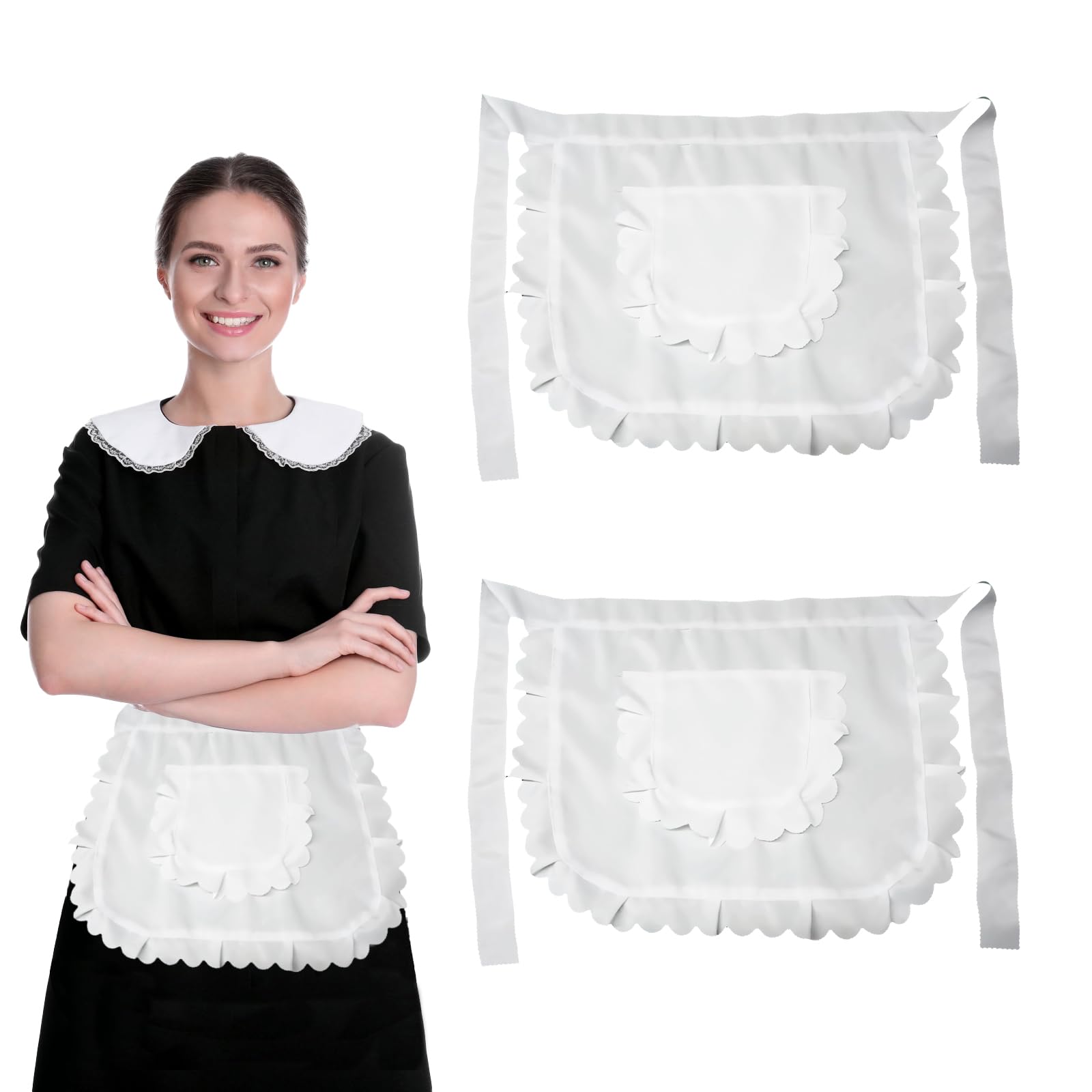 Liameph White French Maid Apron with Pockets - Stylish Victorian Waitress Design for Kitchen, Cooking, Baking, and Restaurant (2 PCS)