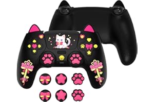 PlayVital Sweetheart Kitty Silicone Cover for ps5 Controller with 6 Joystick Caps and 6 Sticker, Soft Anti-Slip Full Protection Grip Skin Compatible with ps5 Charging Dock - Black