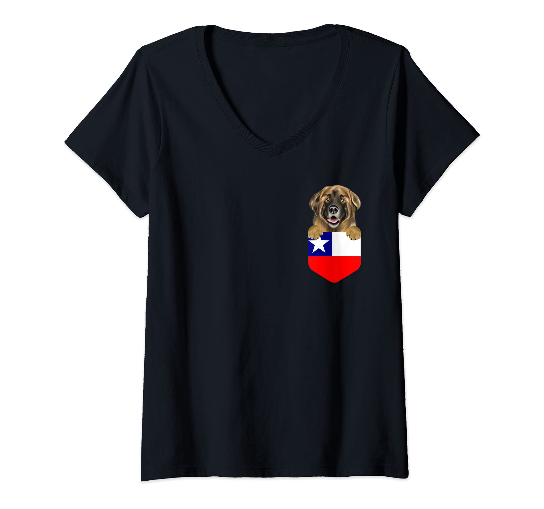 Womens Chile Flag Leonberger Dog In Pocket V-Neck T-Shirt