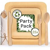 MAPLE MILL - Disposable Premium Genuine Bamboo Plates & Pre-Rolled Cutlery Party Sets - 10" & 7" Bamboo plates - Elegant Spoon, Knife, Fork Set in Tissue Paper for Special Events - For 25 Guests