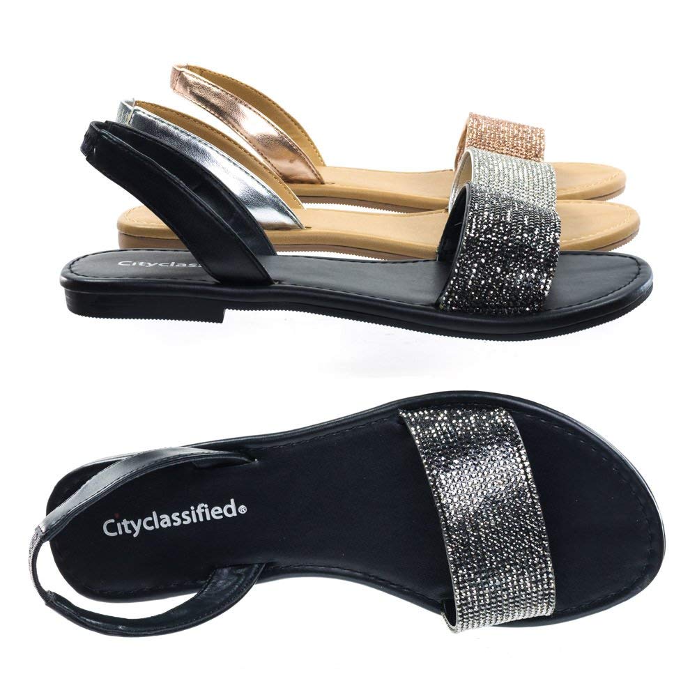 City Classified Comfort Over The Toe Strap Crystal Embellished Slip On Sling Back Flat Sandal - Image 3