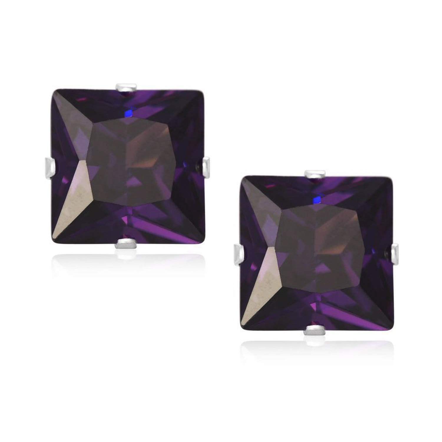 5MM Square Princess Cut CZ Birthstone Stud Earrings/Ear Studs for Women - 925 Sterling Silver - Amethyst Purple