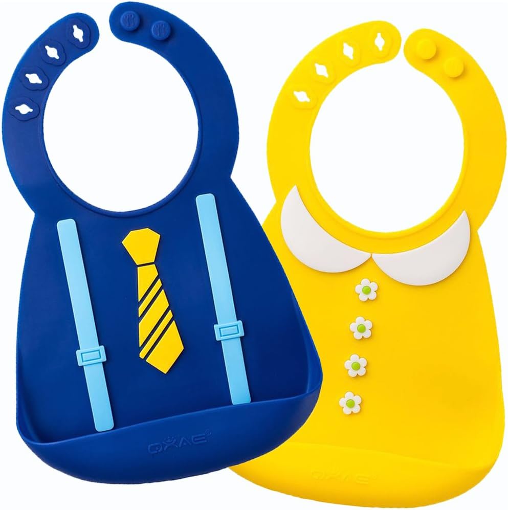 Waterproof Silicone Bib- Comfortable Soft Cute Baby Bib for Toddlers, Easily Wipes Clean after Sharing Food with Babies! Set of 2 Colors(Blue/Yellow)