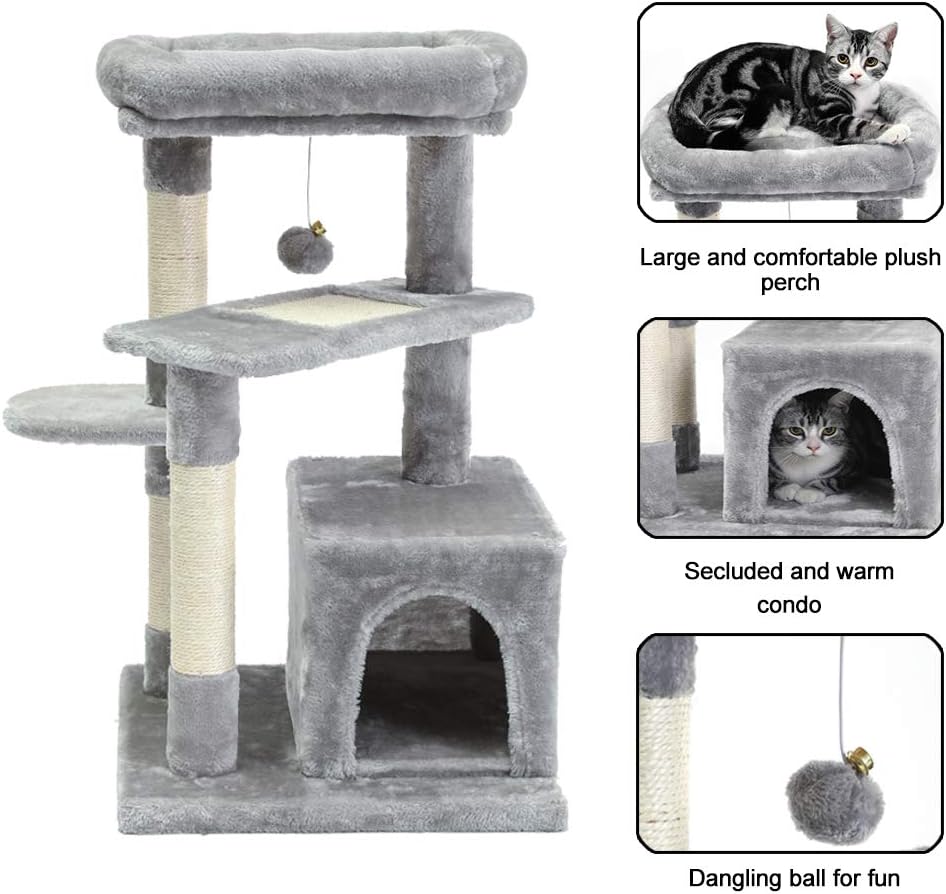 SUPERJARE Cat Tree with Extra Scratching Board & Posts, Kitten Tower Center with Plush Perch and Dangling Ball, Pet Play Condo Furniture - Gray : Pet Supplies