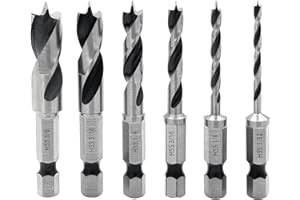 Saipor 6pcs 1/4" Quick Change Hex Shank Wood Brad Point Stubby Short Drill Bit Set HSS 4241 Woodworking Drill for Right Angle