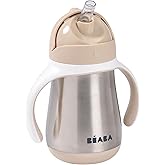 Beaba Stainless Steel Straw Sippy Cup, Insulated Toddler Cups Spill Proof with Removable Handles, Made with High Grade Stainless Steel, 8+ months, 8.5 oz Oat