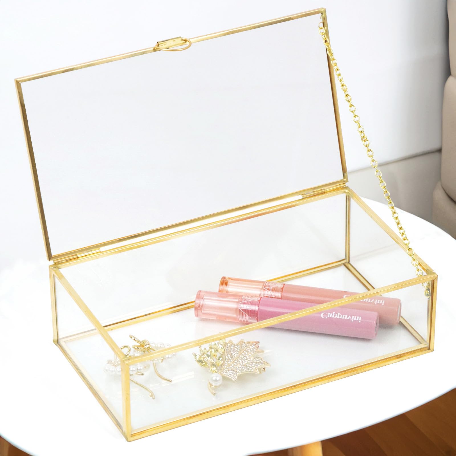 Photo 1 of ZEXALOR Clear Glass Decorative Box for Organizing Photos, Jewelry, Small Items - Golden Dresser Drawer Organizer, Transparant Small Storage Bin Container with Lid (Upgrade, 8x4,3x2,3")