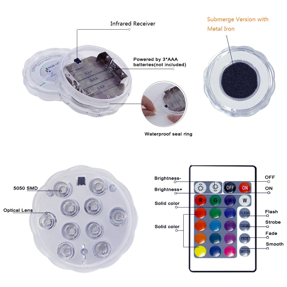 Submersible LED Lights Remote Controlled, LUXJET Waterproof RGB Pond Light Color Changing, Battery Operated for Vase,Aquarium,Fish Tank,Table Centerpiece,Wedding, Party Event Decor Lighting, Pack of 2