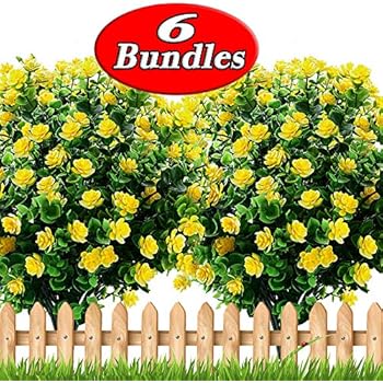 Artificial Flowers Outdoor Plastic Mums - Outside Face Plants Fake Greenery UV Resistant No Fade Faux Daffodils Bundles Shrubs Home Garden Porch Patio Decoration Office Indoor (Yellow)