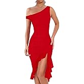 BORIFLORS Women's Sexy Off The Shoulder Bodycon Midi Dresses Elegant Ruched Ruffle Hem Cocktail Party Dress