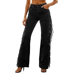 Women's Faux Suede Fringe Pants Western Cowgirl Flared Trousers Side Tassel Bell Bottoms for Festival Rodeo Concert Outfit