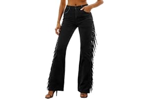 Women Western Fringe Pants Vintage Tassel Cowboy Bodycon Trousers Mid Rise Skinny Bell Bottom Party Country Concert Outfits