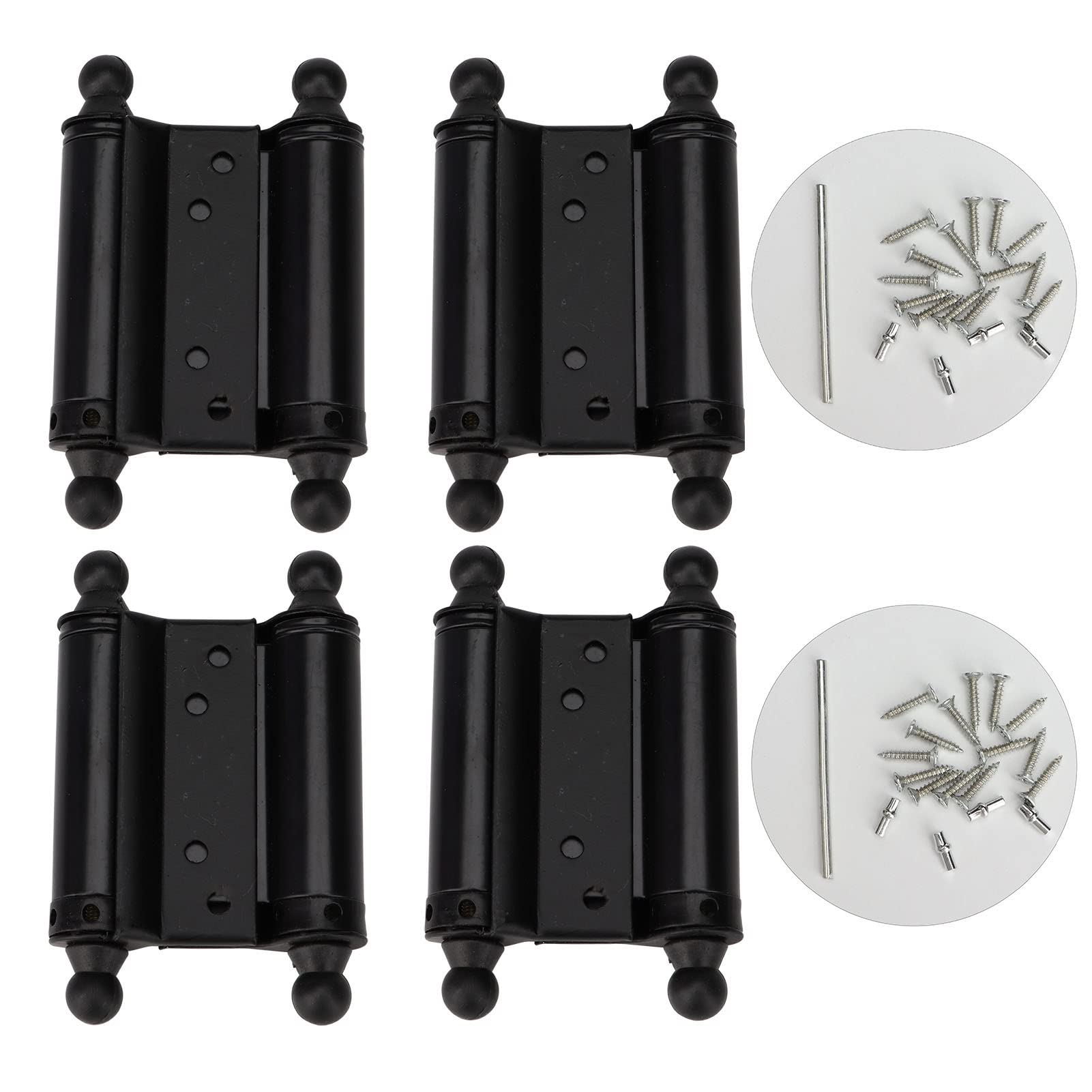 LGEGE 4Pcs 3 inch Double Action Spring Hinge Set for Cafe Swing Door Cowboy Self Closing Door Black Cold Rolled Steel Auto Close Door Hinges with Screws, Pins and Rod for Installation