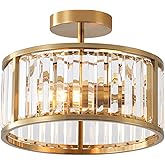LHLYCLX Brass Gold Flush Mount Ceiling Light, 2- Light Caged Crystal Chandelier, Small Drum Hallway Light fixtures Ceiling Mo