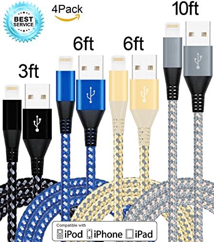 Mscrosmi 4 Pack 3FT 6FT 6FT 10FT Nylon Braided USB Charging cable compatible with iPhone 7/7Plus/6s/6s Plus/6/6Plus/5s/5c/5,iPad/iPod,iOS devices and more.(Black Gray,Blue White,Gray Gold,Rose Gold)