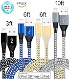Mscrosmi 4 Pack 3FT 6FT 6FT 10FT Nylon Braided USB Charging cable compatible with iPhone 7/7Plus/6s/6s Plus/6/6Plus/5s/5c/5,iPad/iPod,iOS devices and more.(Black,Blue White,Gray Gold,Rose Gold)
