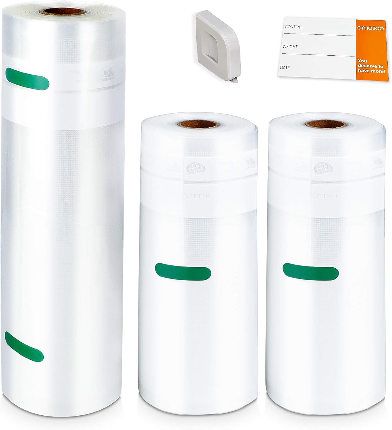 AMASOO 3-PACK MIXED | 8''x50' & 11''x50' Vacuum Sealer Rolls, BPA-free Heavy-duty Universal Food Saver Vacuum Sealer Bags for Food w/ Cutter & Food Labels | Work with Foodsaver, Seal a Meal, Geryon etc. | Sous Vide / Freezer Storage