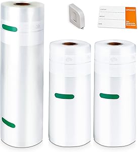 AMASOO 3-PACK MIXED | 8''x50' & 11''x50' Vacuum Sealer Rolls, BPA-free Heavy-duty Universal Food Saver Vacuum Sealer Bags for Food w/ Cutter & Food Labels | Work with Foodsaver, Seal a Meal, Geryon etc. | Sous Vide / Freezer Storage