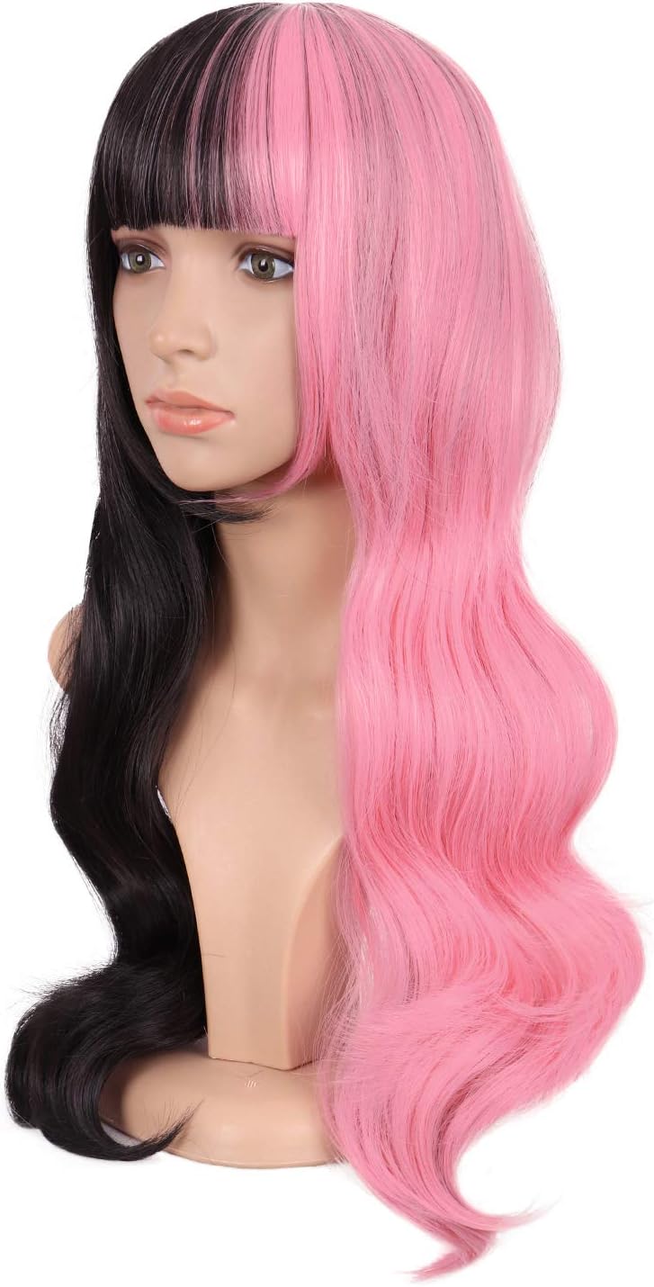 MapofBeauty 24 Inch/60cm Multicolor Flat Bangs Long Curly Fashion Cosplay Party Wig (Half Pink Half Black) - Image 4