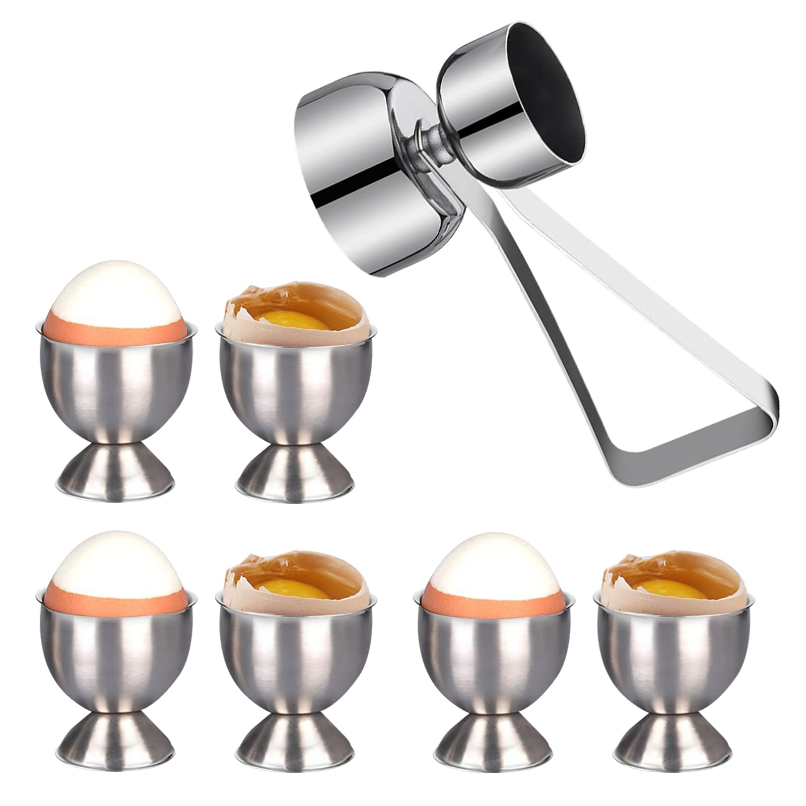 Egg Cup Set, Stainless Steel Egg Cup Holder & Double Sided Egg Topper Opener Cracker Great Size Easter Egg Cup for Soft Boiled Eg (6 Pcs & 1 Egg Opener)