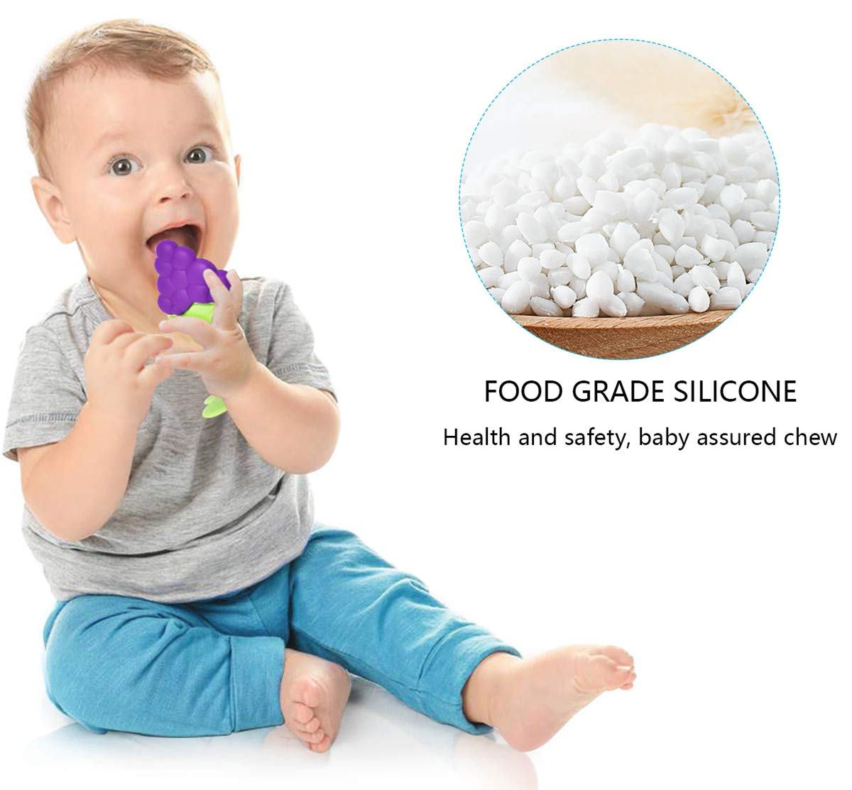 VDROL Anneaux de Dentition Bébé Naturel Sans BPA Jouet Dentition Fruits en Silicone avec Attache-Sucette pour Bébés et Nourrissons (7 Pièces)