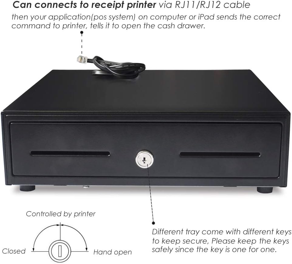 Beelta 13" POS Cash Register Drawer with Removable Tray, 4Bill/5Coin, RJ11/RJ12, Key Lock, DC24V, BK1313B : Office Products