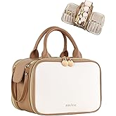 Prite Travel Makeup Bag Women’s Large Capacity Waterproof Cosmetic Organizer Portable Open Flat Toiletry Case with Free-standing Brush Holder and Handle(Beige Brown Large)