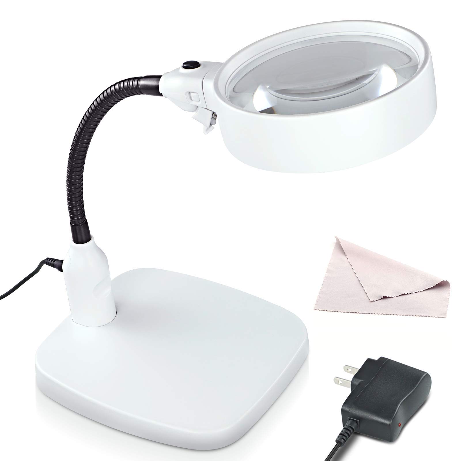 Leffis Large 10X Magnifying Lamp Magnifying Glass with Light and Stand Hands Free Folding Design with 6 LED Lamp Lighted Magnifying Glasses for Close Work, Reading, Crafts, Hobbies, Workbench, (White)