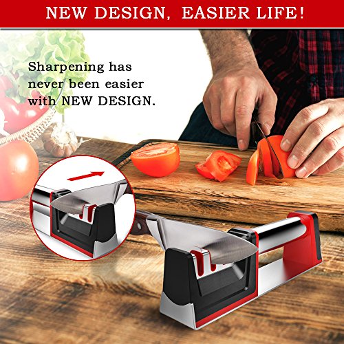 Joso Professional Kitchen 3 Stage Stainless Knife Sharpener with Diamond Tungsten Ceramic for Dull Steel, Paring, Chefs and, medium, Red, Black, chrome, silver