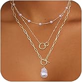 ORAZIO Layered 14K Gold Plated Necklaces for Women Dainty Necklace Stack Silver Plated Non Tarnish Free Pendant Chunky Chain Pearl Paperclip Cross Heart Necklace Set for Women