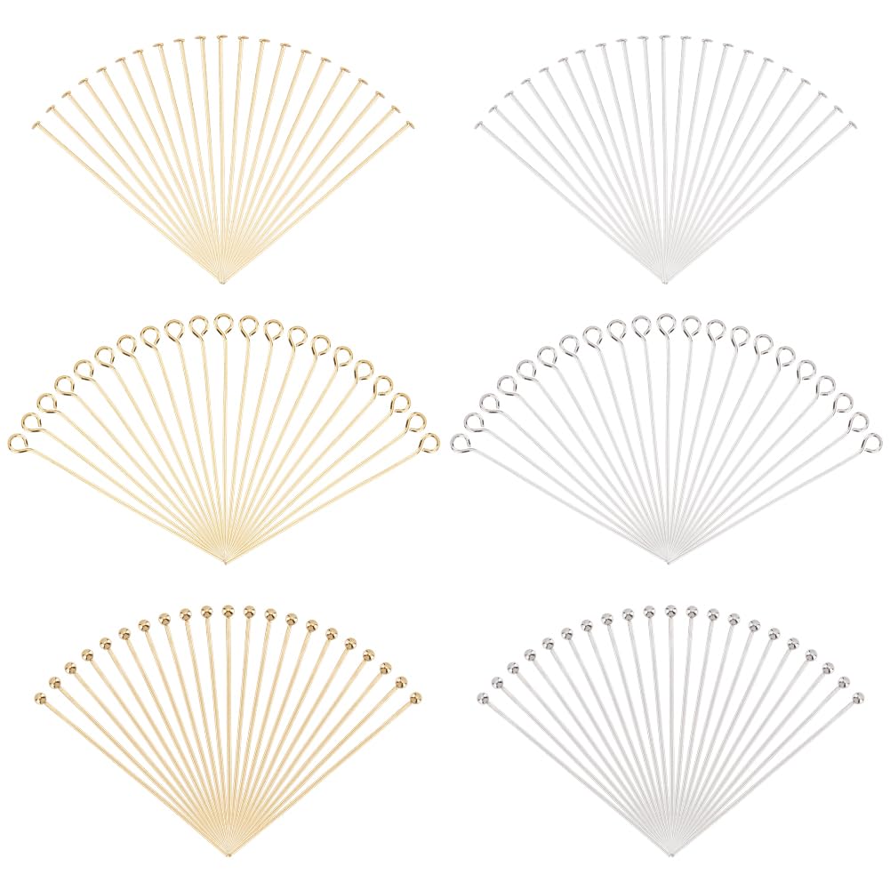 PH PandaHall 300pcs Jewellery Making Pins, 2 Inch Head Pins Eye Pins Ball Pins, Golden & Silver Jewellery Making Pins 21~23 Gauge Craft Pins for DIY Earrings Bracelets Necklaces Pendants Making