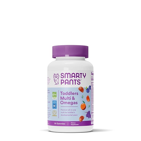 SMARTYPANTS TODDLER MULTIVITAMIN GUMMIES: OMEGA 3 FISH OIL (EPA/DHA), VITAMIN D3, C, VITAMIN B12, B6, A, K & ZINC, BIOTIN, BETA CAROTENE, GLUTEN FREE, THREE FRUIT FLAVORS, 90 COUNT (30 DAY SUPPLY)