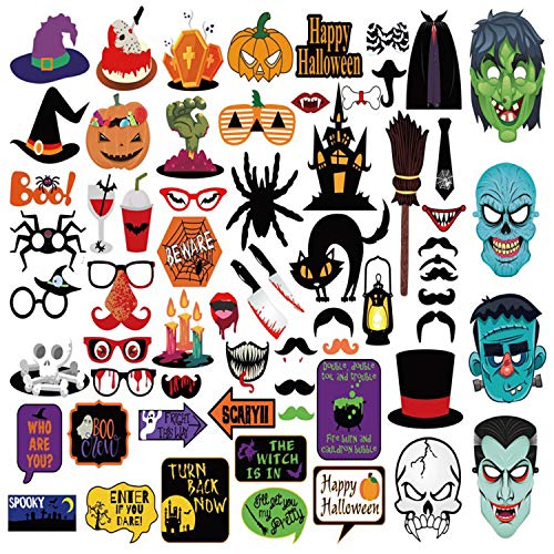 Mengar 62Pcs Halloween Party Photo Booth Props Set for Party Decoration – DIY Kit Funny Photo Booth Creative Happy Halloween Pose Sign for Halloween Cosplay Party Supplies