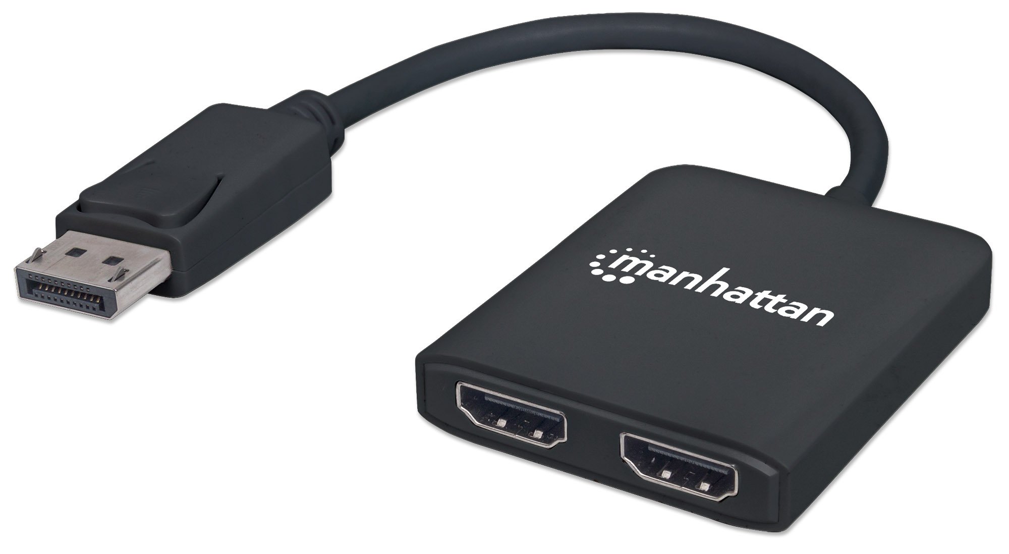 Manhattan DisplayPort 1.2 to 2-Port HDMI Splitter Hub with MST, 4K@30Hz, USB-A Powered, Video Wall Function, HDCP 2.2, Black, Three Year Warranty, Blister