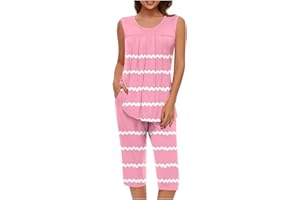 Pajama Sets for Women Summer Plus Size Lounge Sleepwear Loose Sleeveless Tops Printed Bermuda Shorts with Pockets
