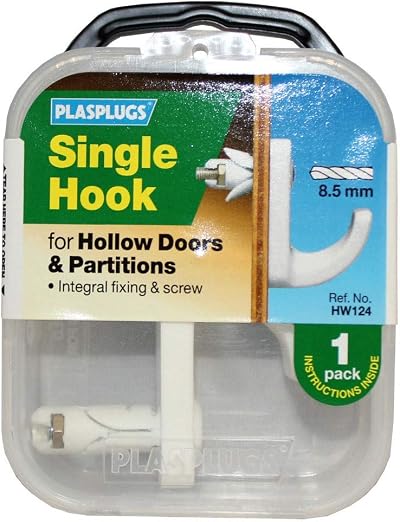 Plasplug HW124 White Single Door Hook For Hollow Partitions Caravans Boats