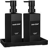 GMISUN Kitchen Soap Dispenser Set, Hand and Dish Soap Dispensers, 12 fl oz/350 ml Black Soap Dispenser with Tray, Glass Dish 