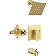 Esnbia Shower Tub Kit, Tub and Shower Faucet Set（Valve Included) with 6-Inch Rain Shower Head and Tub Spout, Single-Handle Tub and Shower Trim Kit,Brushed Gold