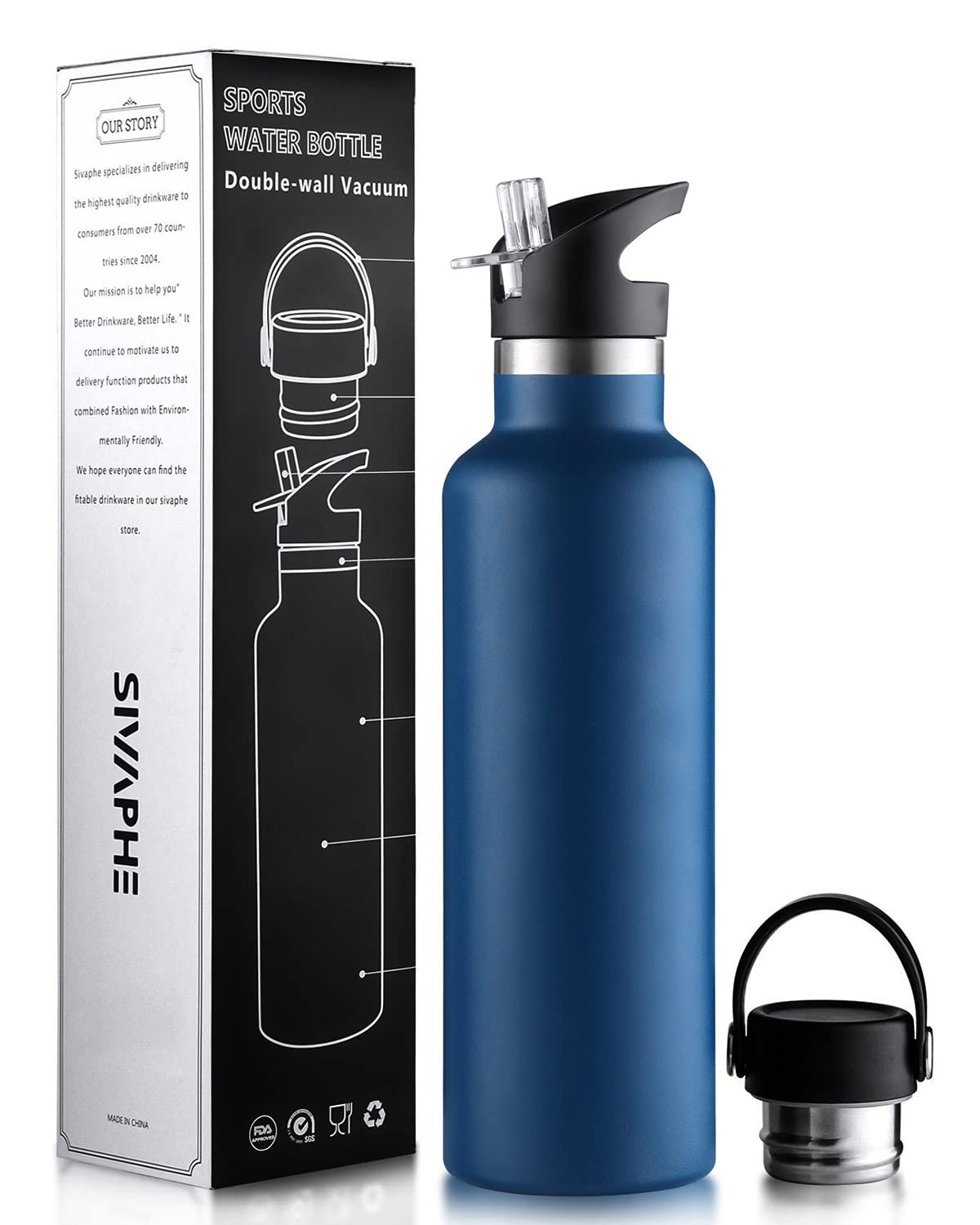 Sivaphe Water Bottle Insulated Double Walled Drink Flasks Bottle for Sports Outdoor, Stainless Steel Vacuum, Leak-Proof, with lids and Straw, 750ml, Blue