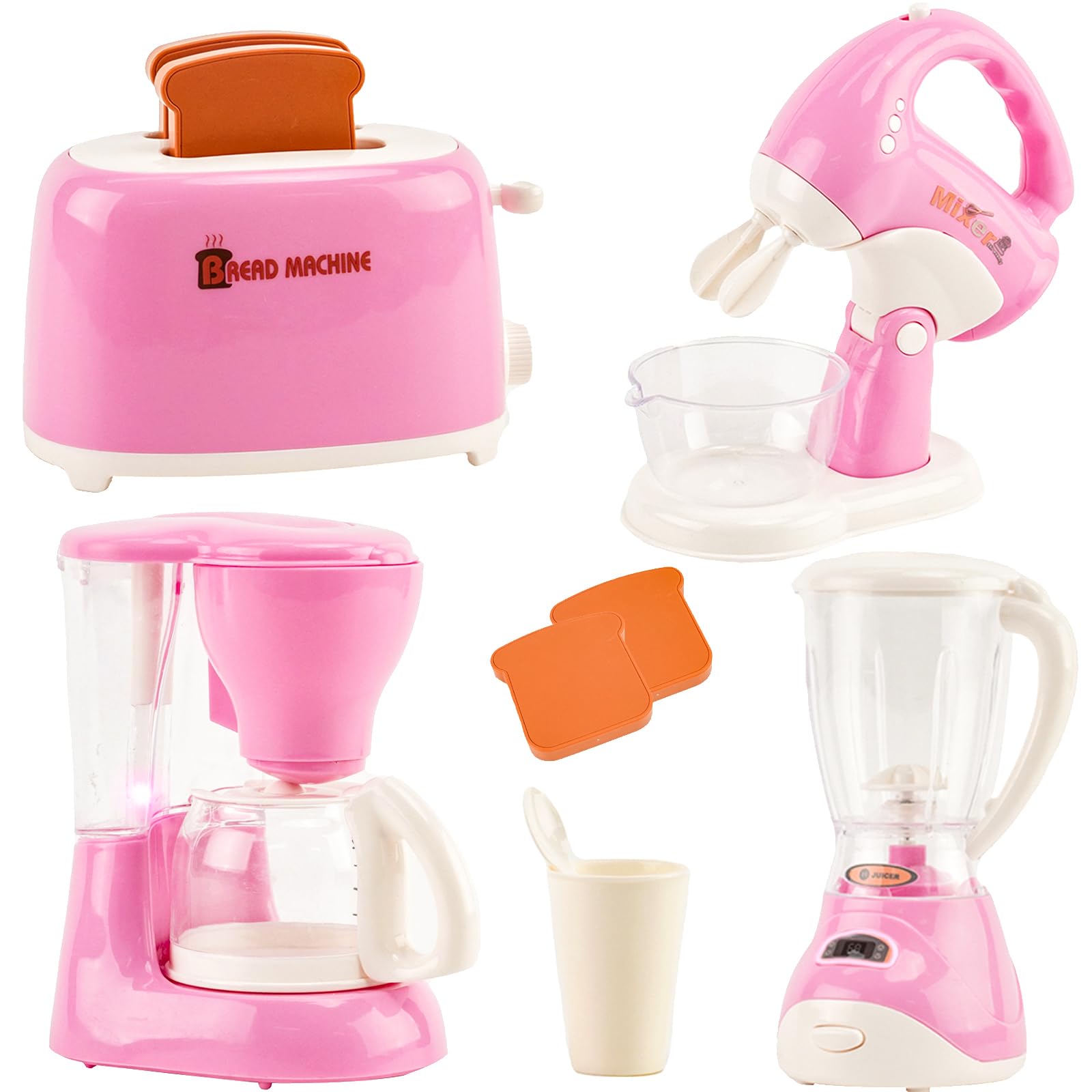 Pretend Play Kitchen Appliances Toy Set Role Play Pretend Kitchen Accessories Set with Coffee Maker Machine,Blender, Mixer and Toaster with Realistic Sounds for Kids Toddlers Boys Girls Ages 3+ Pink