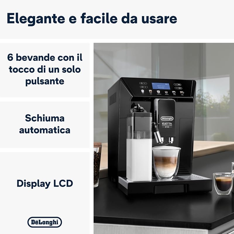 Eletta Cappuccino Evo ECAM46.860.B, Macchina Caffè Automatica con Montalatte Automatico, Espresso e Cappuccino One-Touch, 6 Ricette Preimpostate, Schermo LCD, Nero