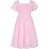 Kids4ever 6-12T Girls Chiffon Dress with Solid Pom Poms & Flutter Ruffle Short Sleeve Kids Lace Square Neck Frocks