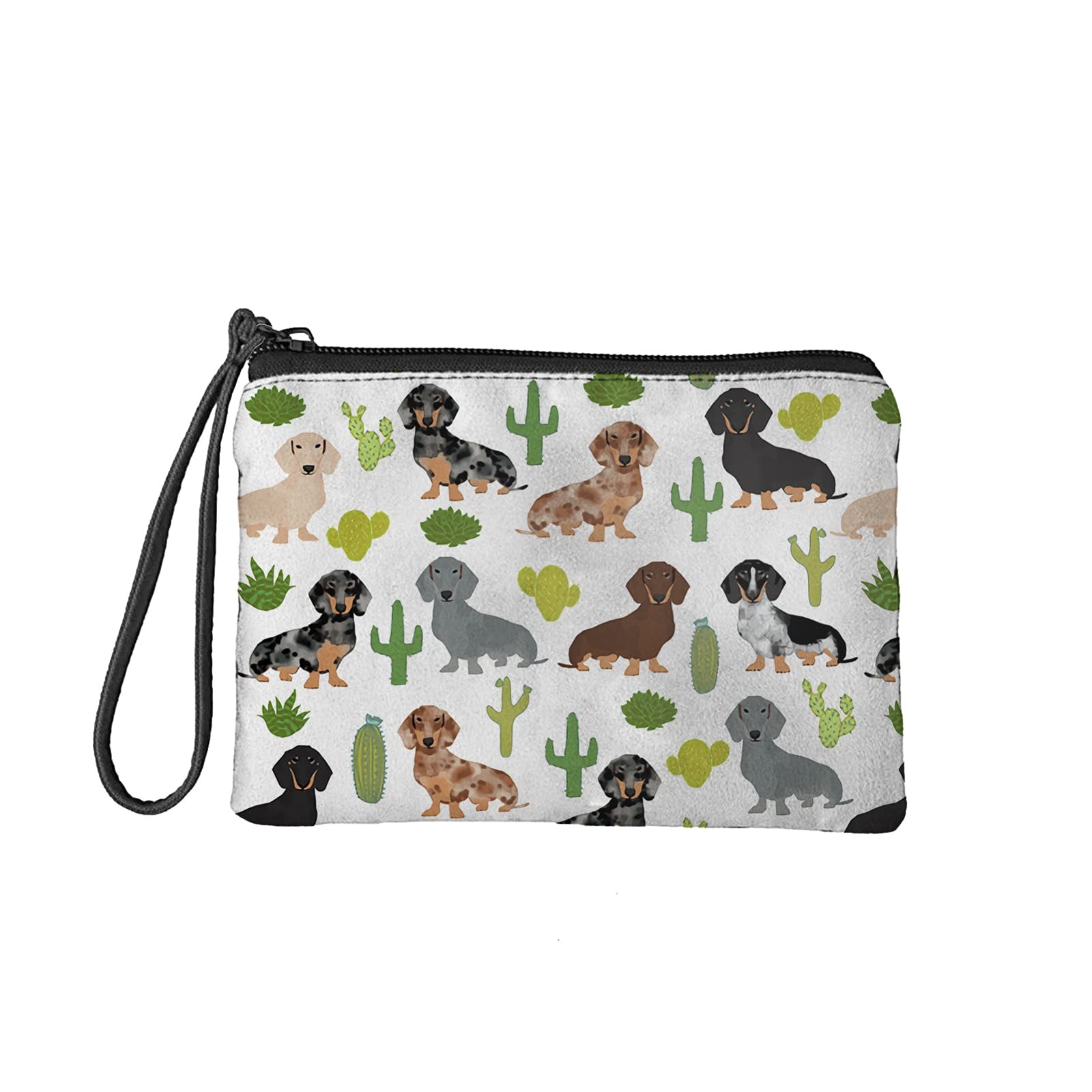 NETILGEN Dachshund Wallet for Womens Mens,Mini Coin Purse Softs Dachshund Dog Cactus Print Cosmetic Bag with Strap Mini Change Cash Bag Zipper Make up Bags