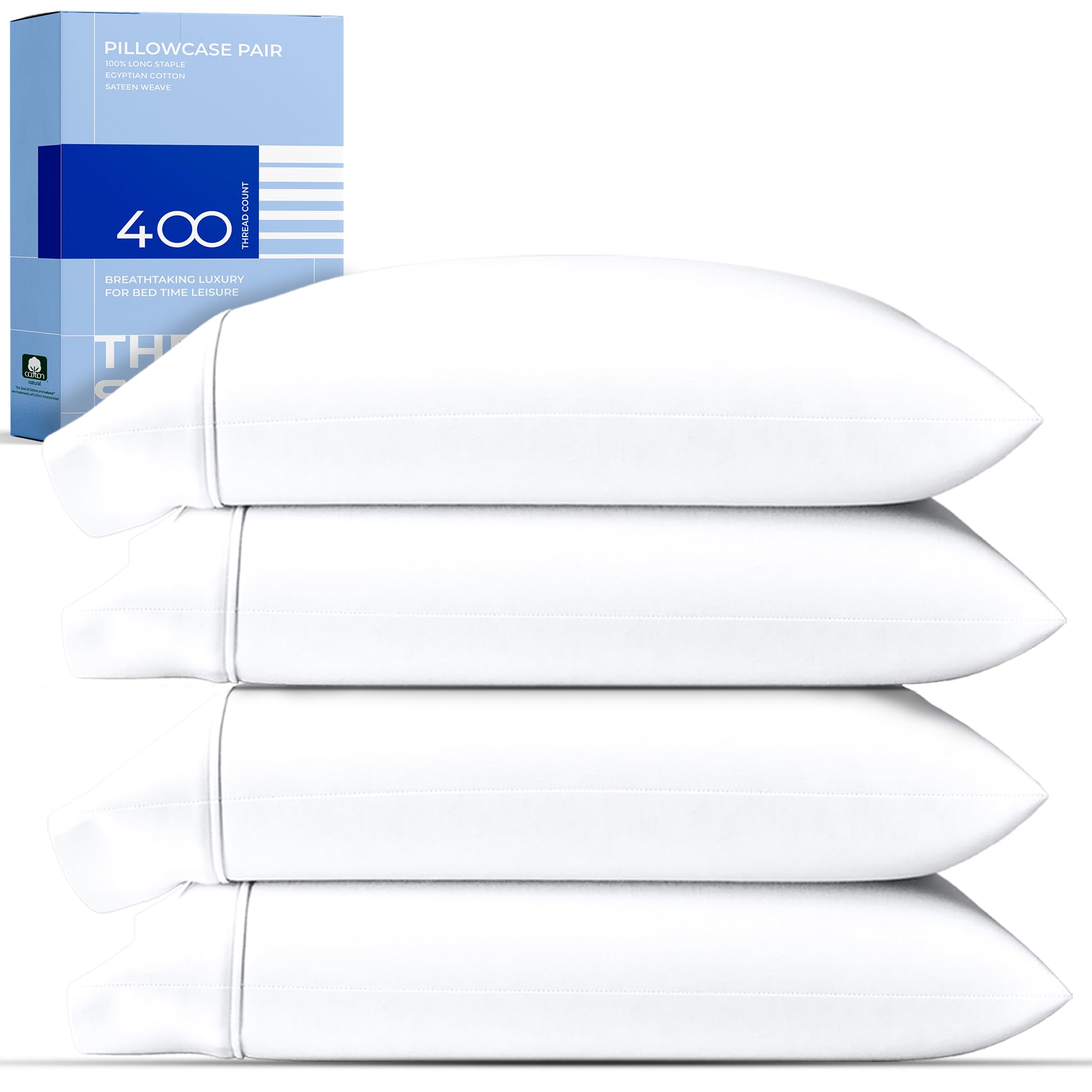 Photo 1 of THREAD SPREAD 100% Cotton King Size Pillowcases Sets of 4-400 Thread Count Cotton Pillow Cases, Ultra Soft Cooling Sateen Weave Pillowcases, Set of 4 Pillow Covers for King Pillows - White
