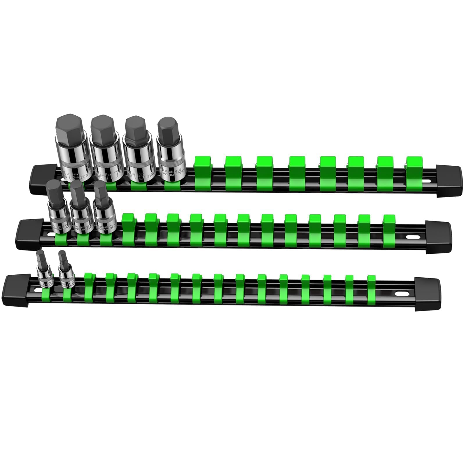 VORXEON 3-Piece ABS Socket Organizer - 1/4" x 16, 3/8" x 15, 1/2" x 12 Clips for Tool Box Drawer