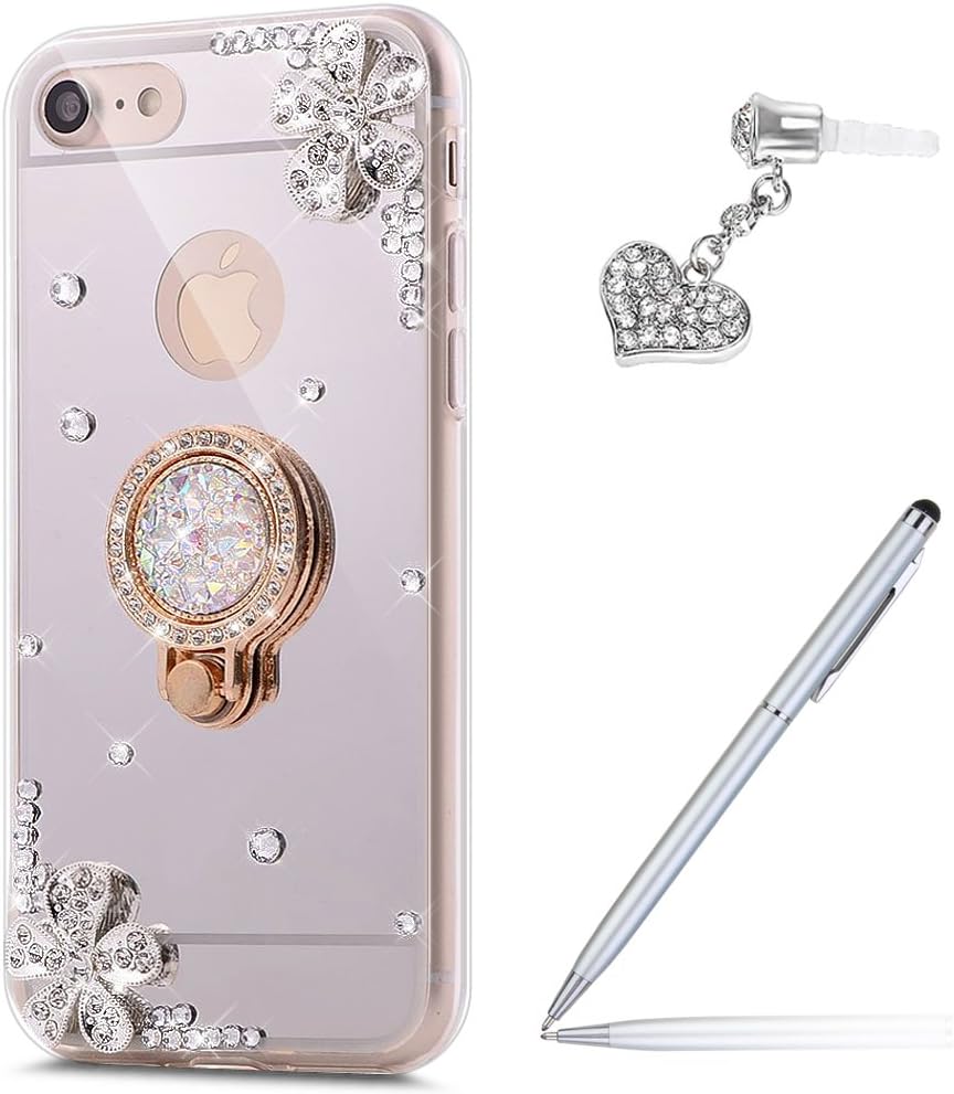 iPhone 6S Case,iPhone 6 Case, Inlaid Diamond Flowers Slim Hybrid Rhinestone Diamond Glitter Bling Mirror Back TPU Case with Ring Stand Holder +Touch Pen Dust Plug for iPhone 6S/6 4.7
