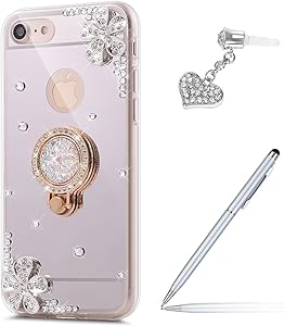 iPhone 6S Case,iPhone 6 Case, Inlaid Diamond Flowers Slim Hybrid Rhinestone Diamond Glitter Bling Mirror Back TPU Case with Ring Stand Holder +Touch Pen Dust Plug for iPhone 6S/6 4.7